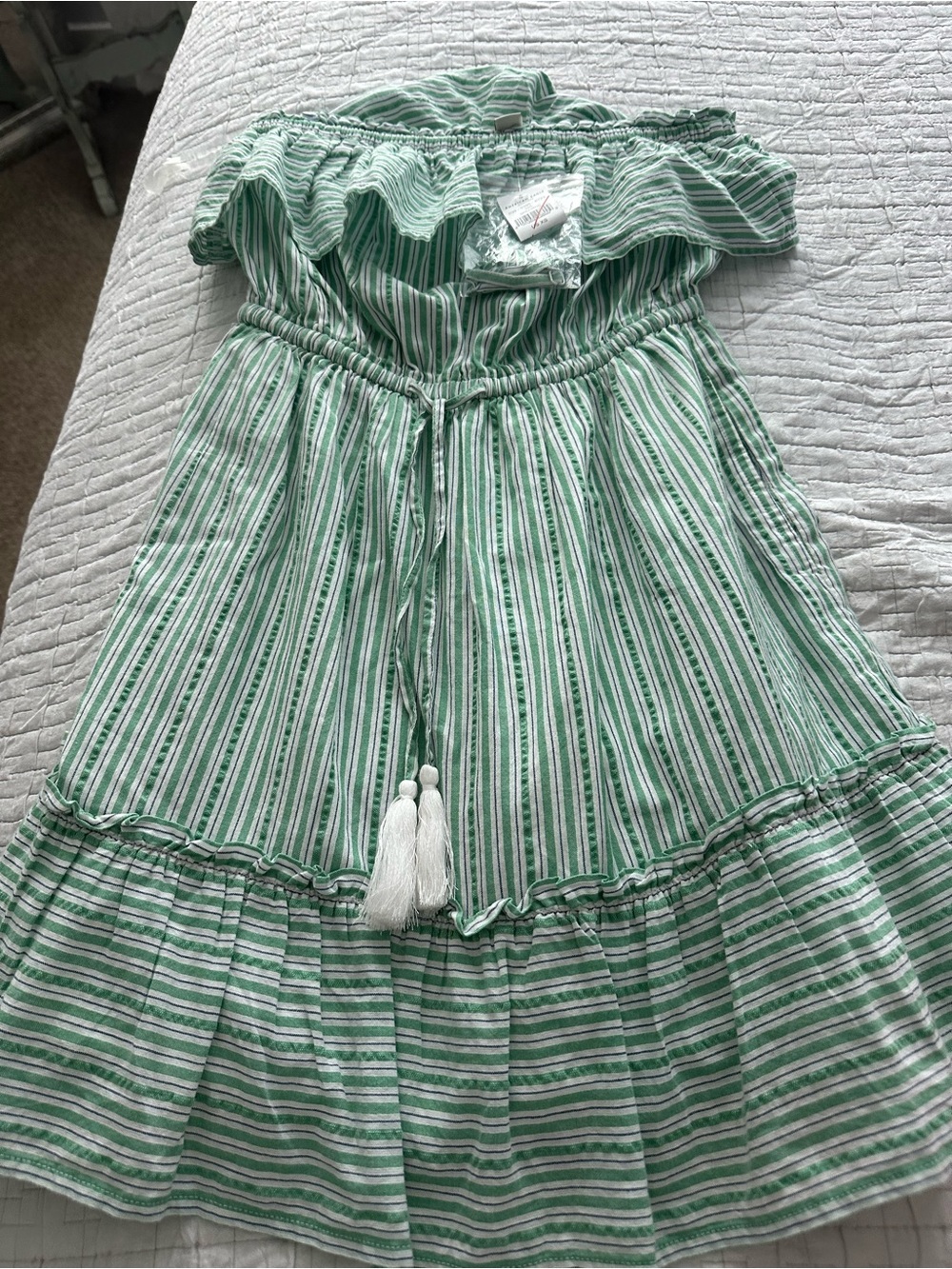 Green Striped Off-Shoulder Dress with Tassel Tie